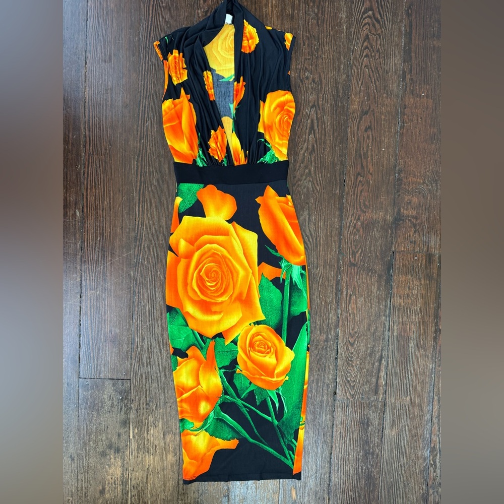 Va Va Voom low-cut Orange Roses and Black Halter Bodycon Midi Dress SZ S